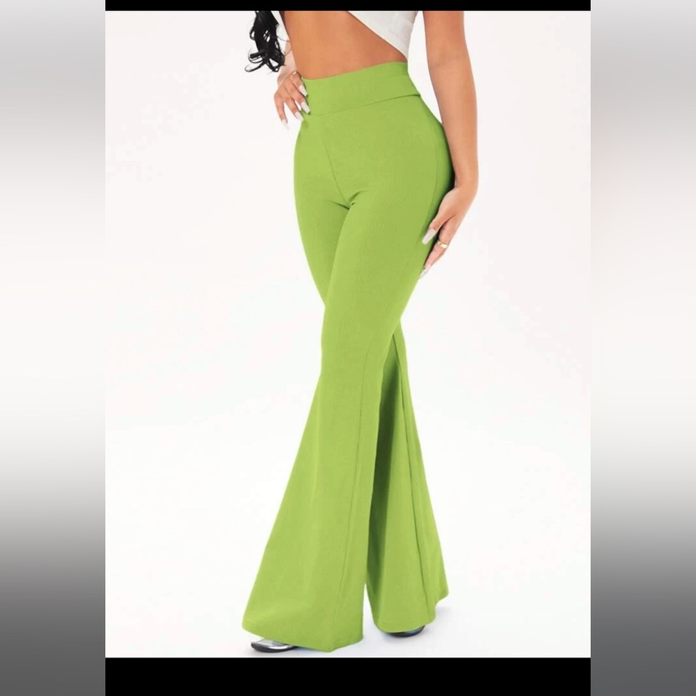 SOLID RIBBED KNIT FLARE LEG PANTS in green